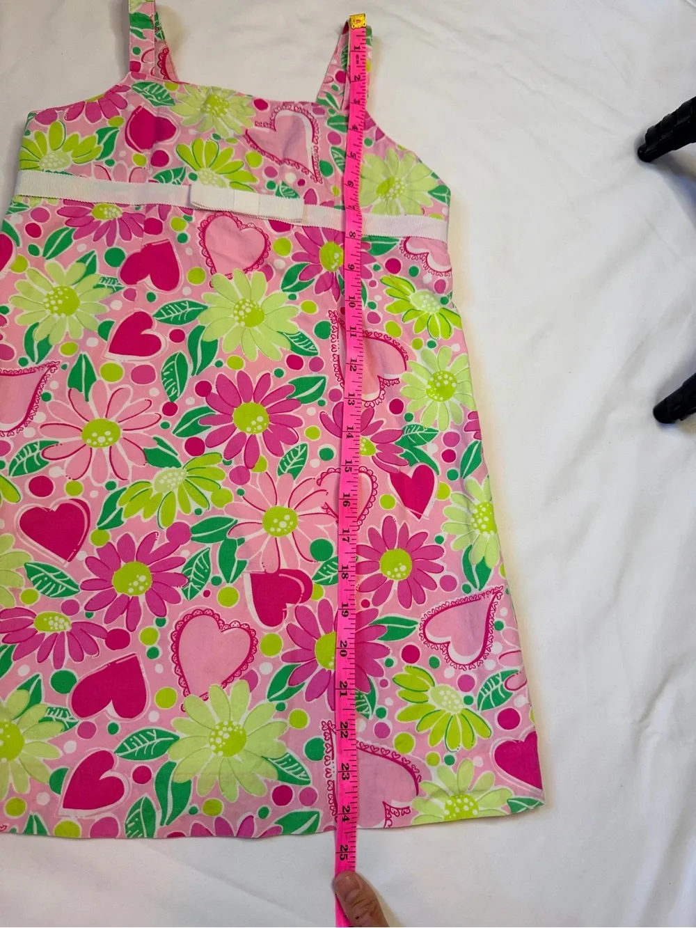 Lilly Pulitzer Girls Tank Dress 6X Hearts Floral Pink and Green White Bow Waist